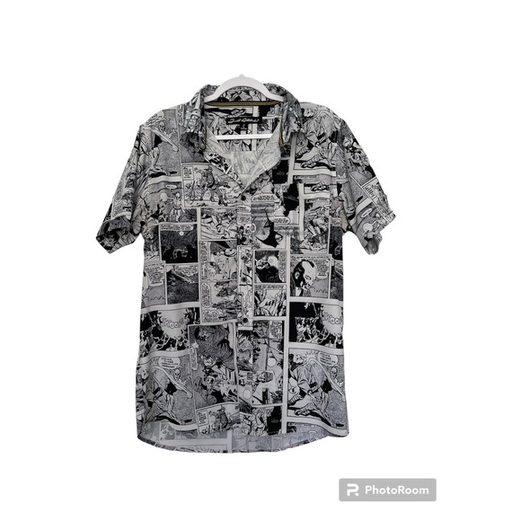 Just Attitude Shirt Men's Black White Manga Anime Comic Short Sleeve Button Down - Picture 1 of 10